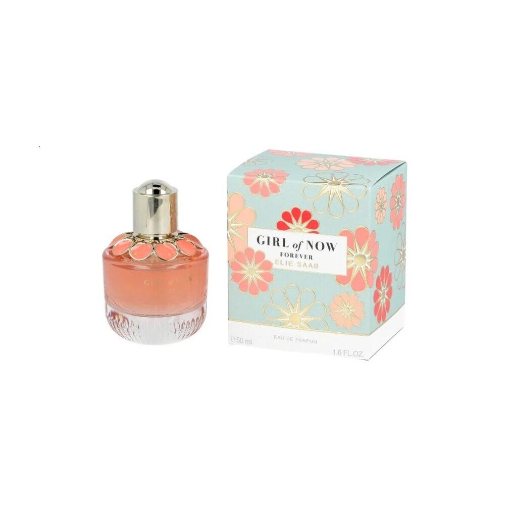 Parfümflasche und Schachtel. Flasche mit goldfarbenem Deckel, rosa Blütenverzierung. Aufschrift: Girl of Now Forever, Elie Saab.