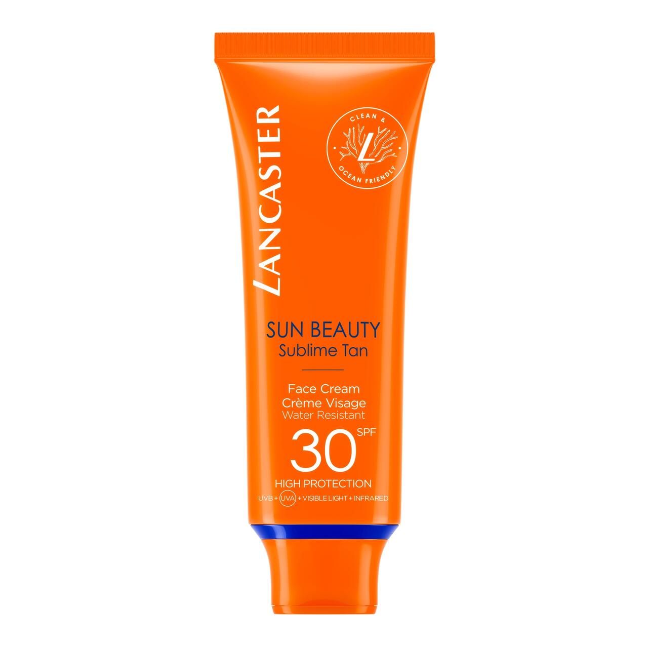 Orange Tube mit Lancaster-Logo, Sun Beauty, SPF 30. Text: Face Cream, Wasserfest. Blauer und oranger Farbverlauf.