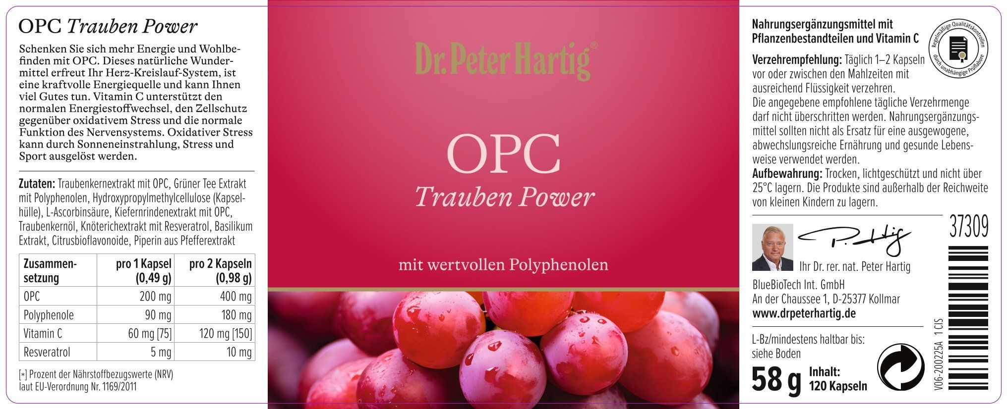 Produktetikett mit Text und Abbildungen. Enthält Informationen zu Inhaltsstoffen, Dosierung und Hersteller. Abbildung von Trauben.