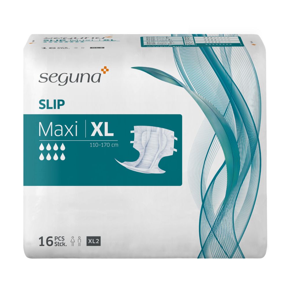 Verpackung von SEGUNA Slip Maxi XL. Enthält 16 Stück. Produktbezeichnung, Größe und Saugstärke sind angegeben. Abbildung eines Slips.