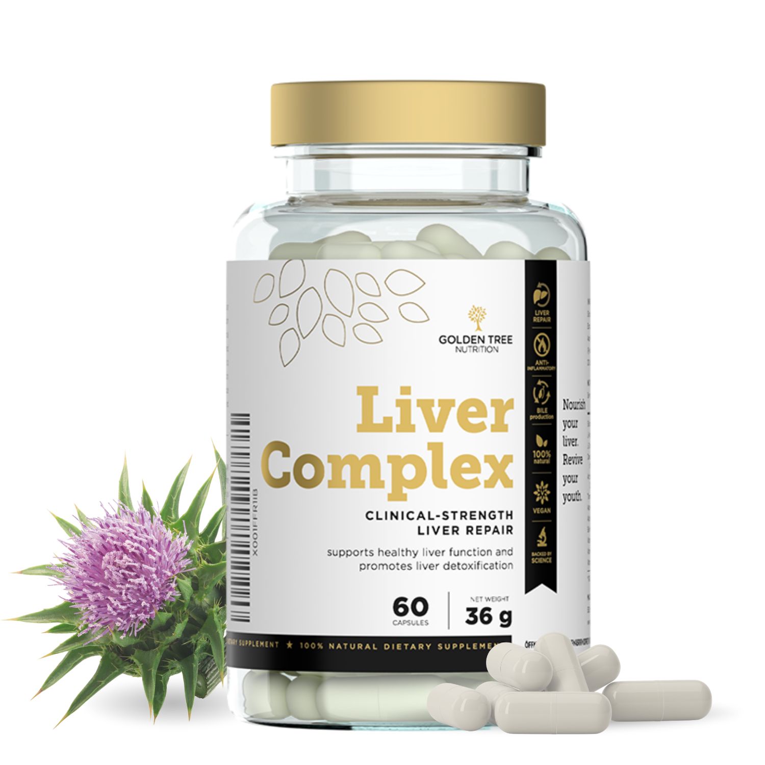Flasche mit 60 Kapseln Golden Tree Liver Complex, mit Mariendistel und weiteren Inhaltsstoffen.