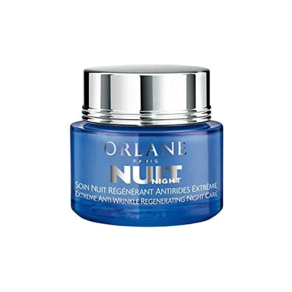 Blaues Cremeglas mit silbernem Deckel. Beschriftung: ORLANE PARIS, NUIT NIGHT, Anti-Falten-Pflege.