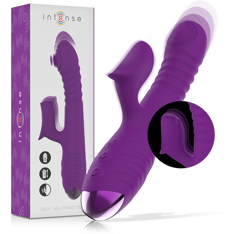 Produktverpackung mit lila Vibrator. Marke 'intense', Produktname 'Iggy'. Illustrationen und Produktansicht.