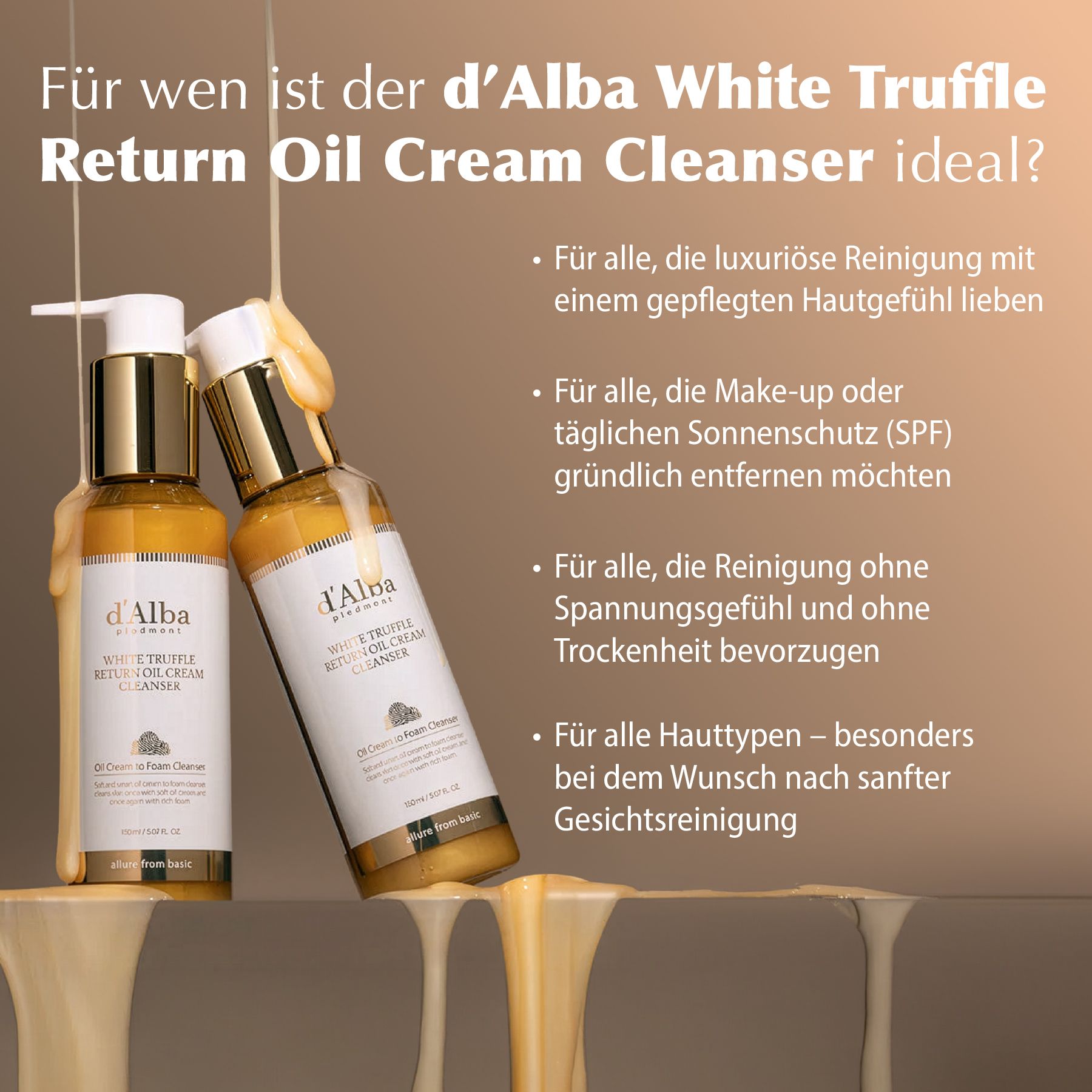 Zwei d'Alba White Trüffle Return Oil Cream Cleanser Flaschen. Text über die ideale Anwendung.