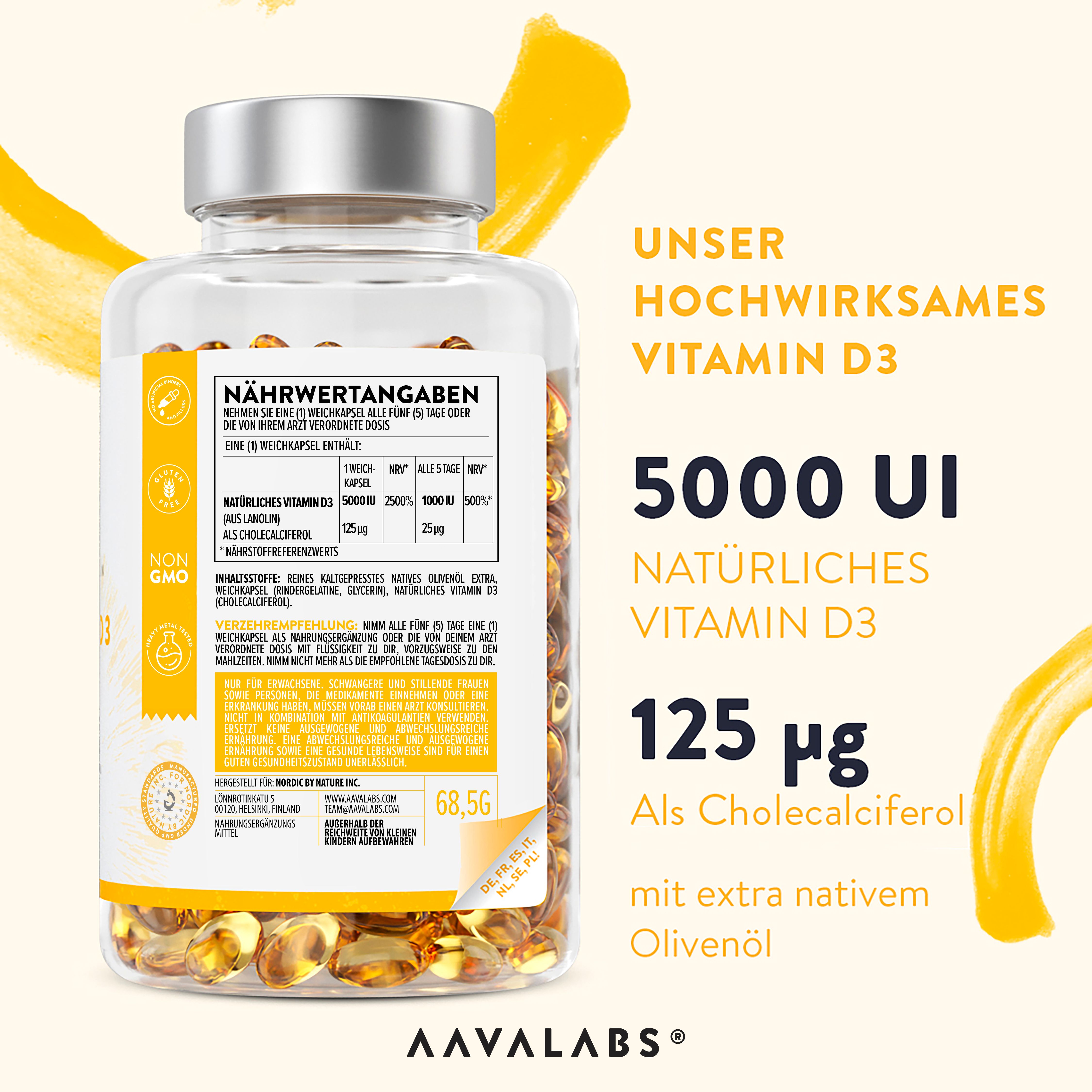 Rückseite einer Flasche mit gelben Kapseln. Aufschrift: Aavalabs, Vitamin D3, 5000 IE, 125 µg, mit Olivenöl.