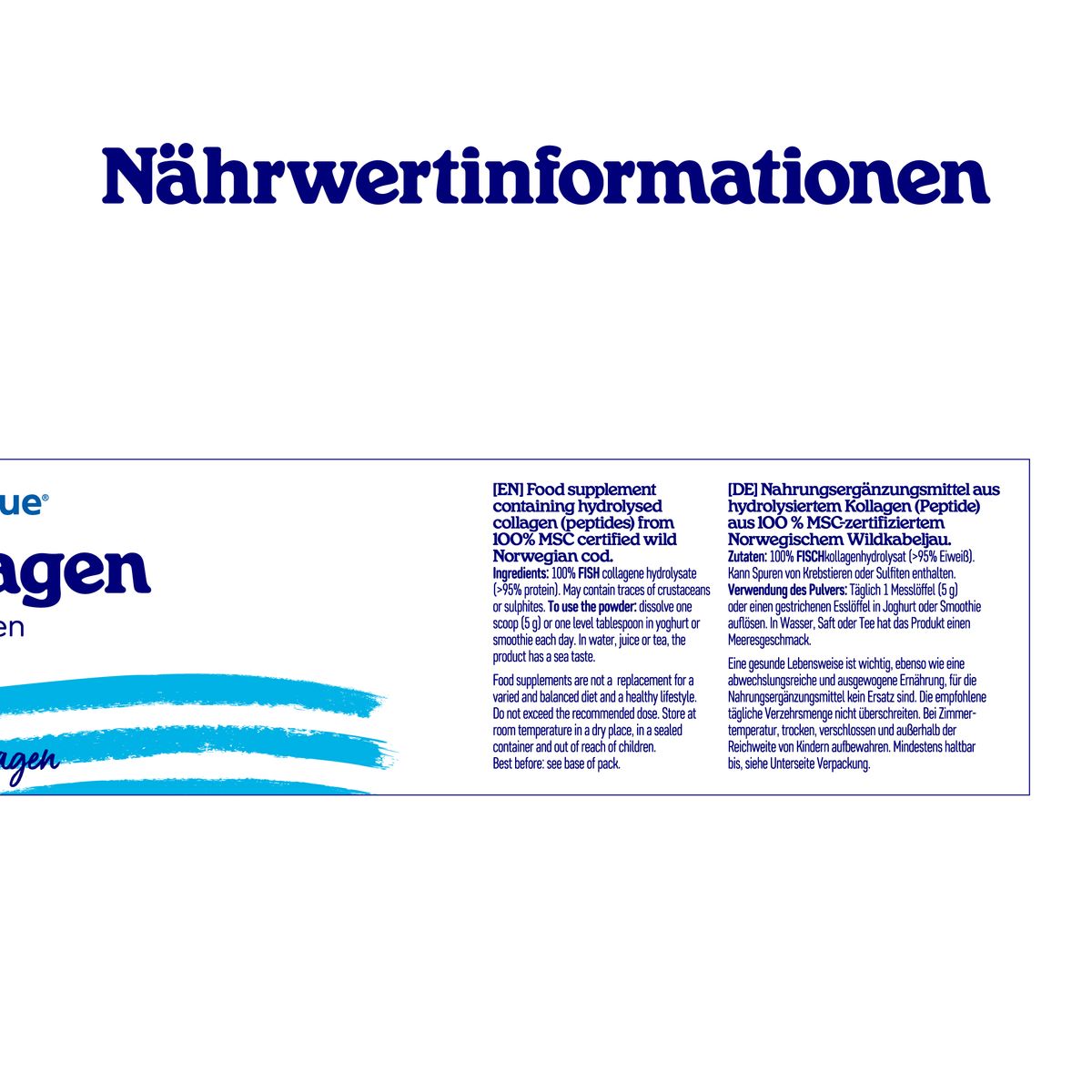 Nährwertinformationen. Text: Nahrungsergänzungsmittel mit hydrolysiertem Kollagen. Inhaltsstoffe, Anwendungshinweise, Lagerung.