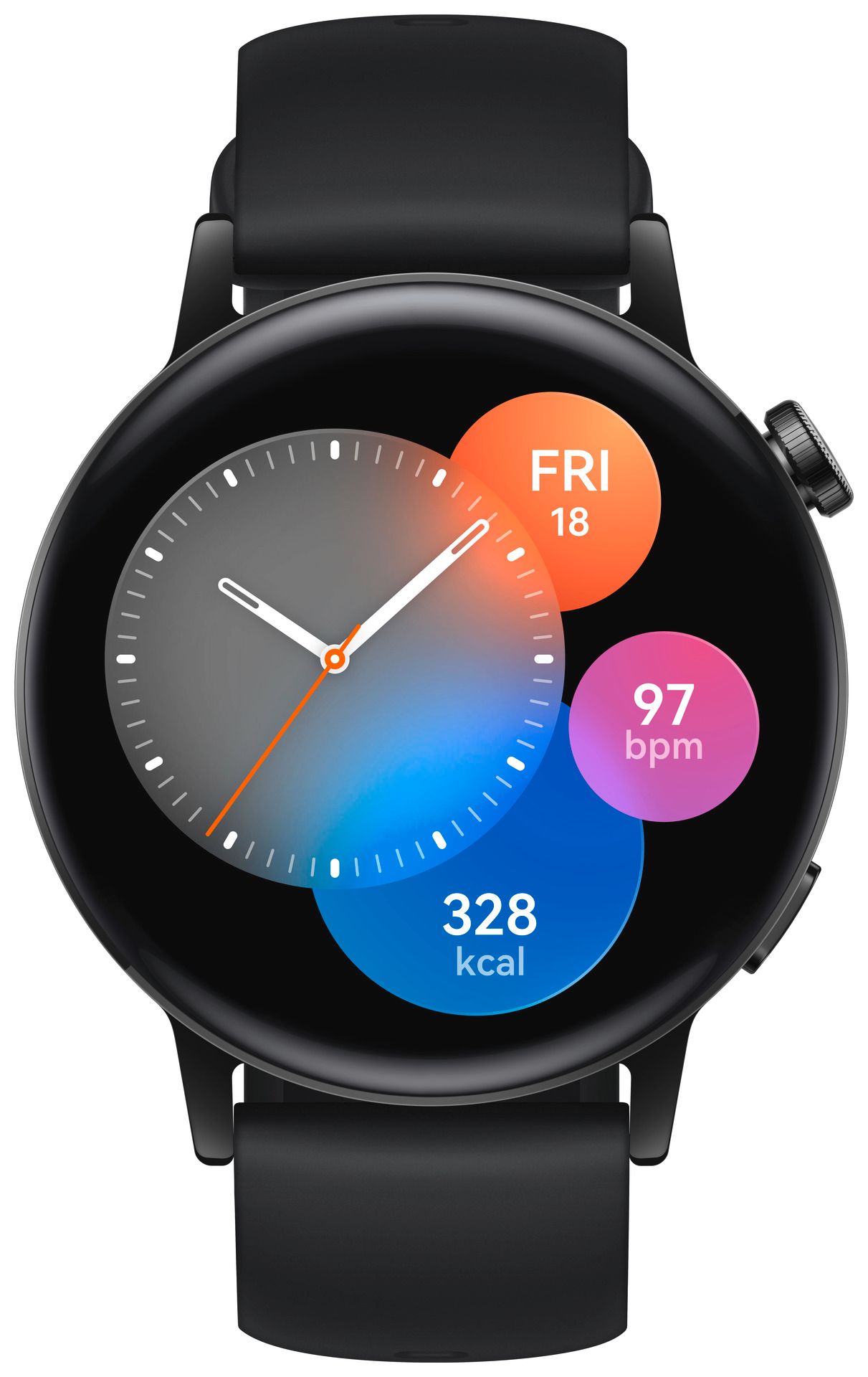 Draufsicht auf eine schwarze Smartwatch mit rundem Zifferblatt. Zeigt Datum, Herzfrequenz und Kalorien an.