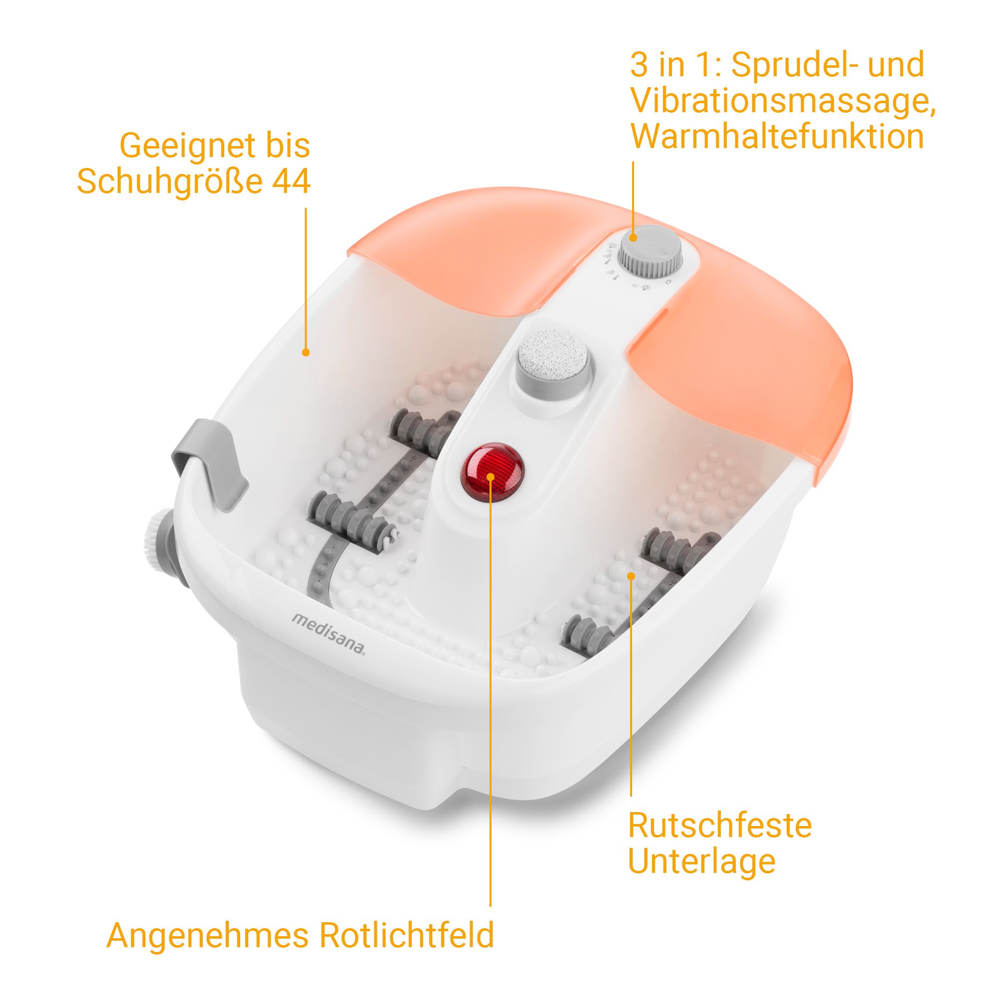 Medisana Fußsprudelbad: 3-in-1 Massage, Warmhaltefunktion, Rotlicht.