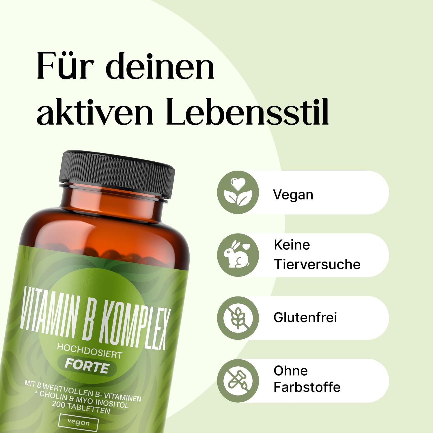 Flasche Vitamin B Komplex neben Icons: vegan, keine Tierversuche, glutenfrei, ohne Farbstoffe.