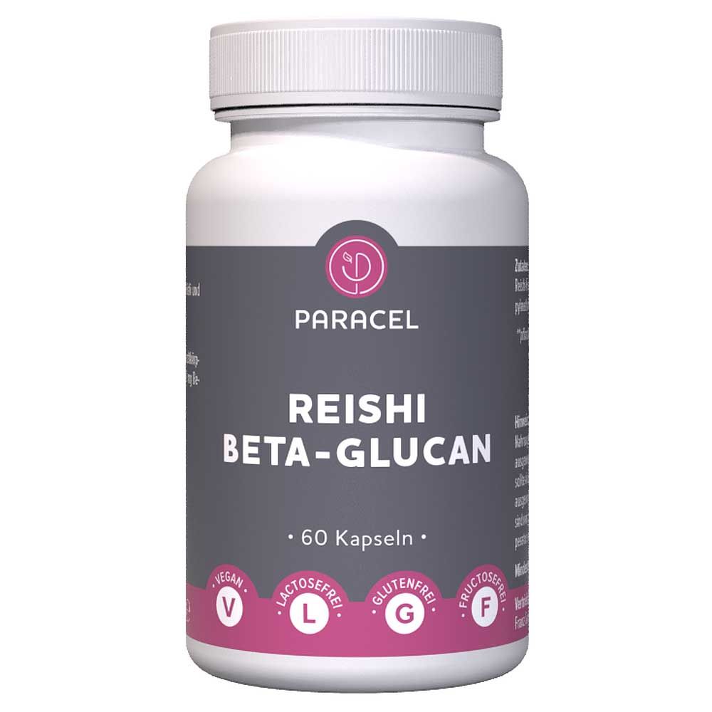 Weiße Flasche mit Paracel Reishi Beta-Glucan Kapseln. Aufschrift: Reishi Beta-Glucan, 60 Kapseln. Vegan, laktosefrei, glutenfrei.