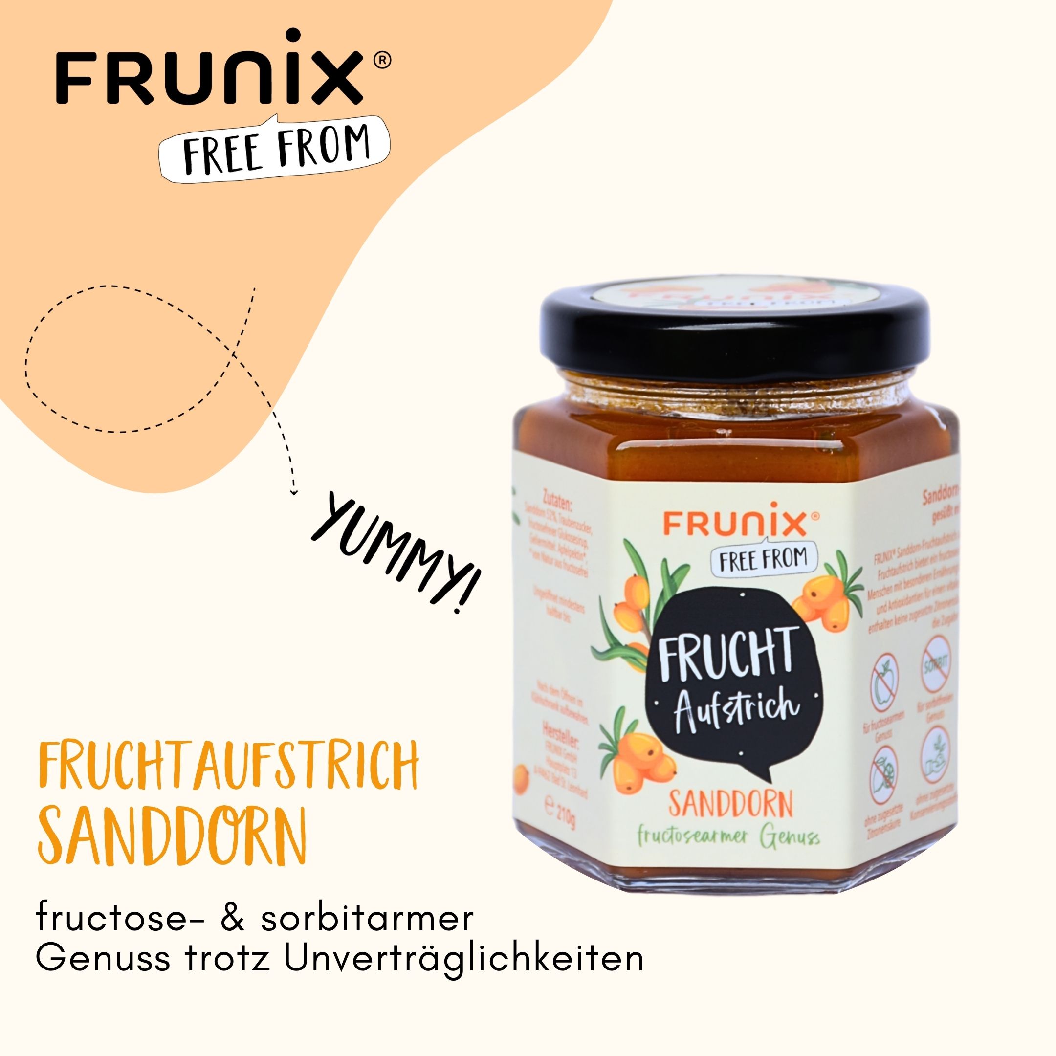 Glas mit FRUNIX® Sanddorn-Fruchtaufstrich. Aufschrift: fructosearmer Genuss. Logo: FRUNIX® FREE FROM. Abbildung von Sanddornbeeren.