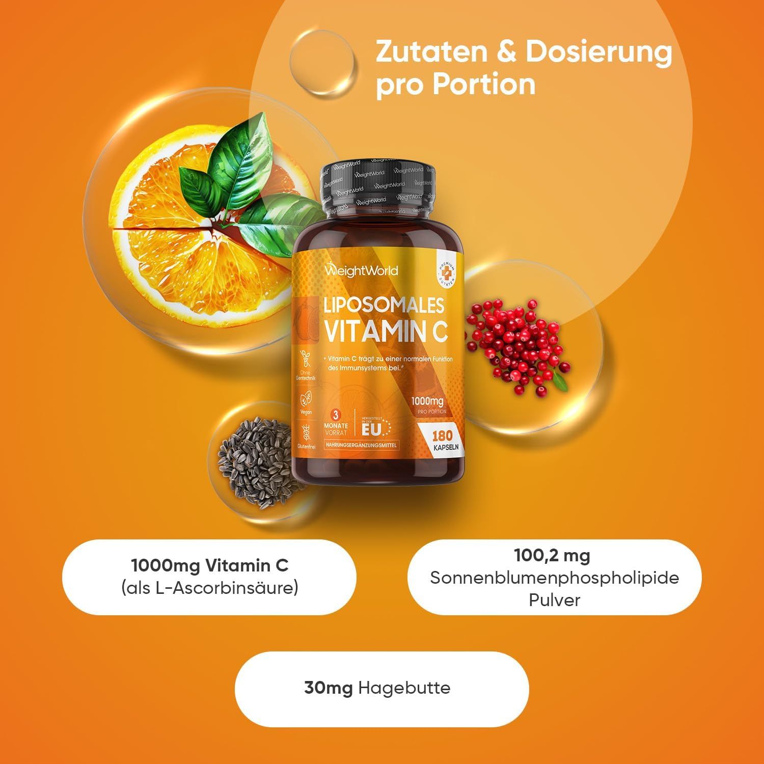 Produktabbildung mit Flasche, Zutaten und Dosierung. Enthält Vitamin C, Hagebutte und Sonnenblumenphospholipide.
