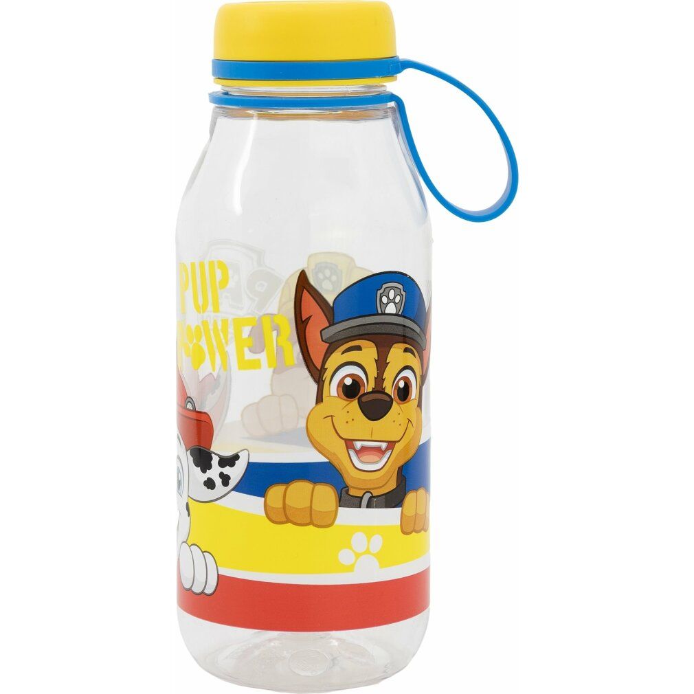 Transparente Trinkflasche mit gelbem Deckel und blauem Griff. Paw Patrol-Figuren und Schriftzug.