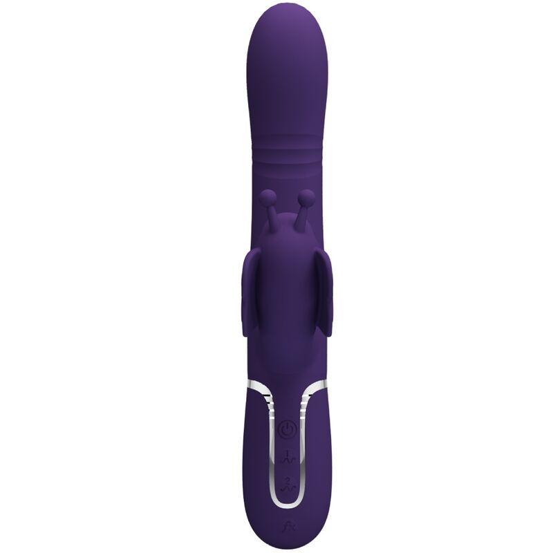 Lila Vibrator mit Kaninchen-Design. Mit Knopfleiste und Ohren. Vertikale Ansicht.