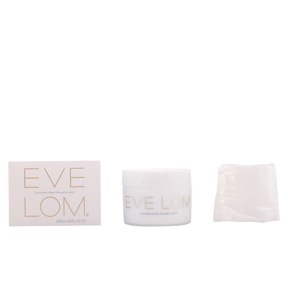 Weißer Tiegel, Karton und Tuch. Auf dem Tiegel und Karton steht "EVE LOM". Auf dem Tiegel steht "CLEANSING CREAM".