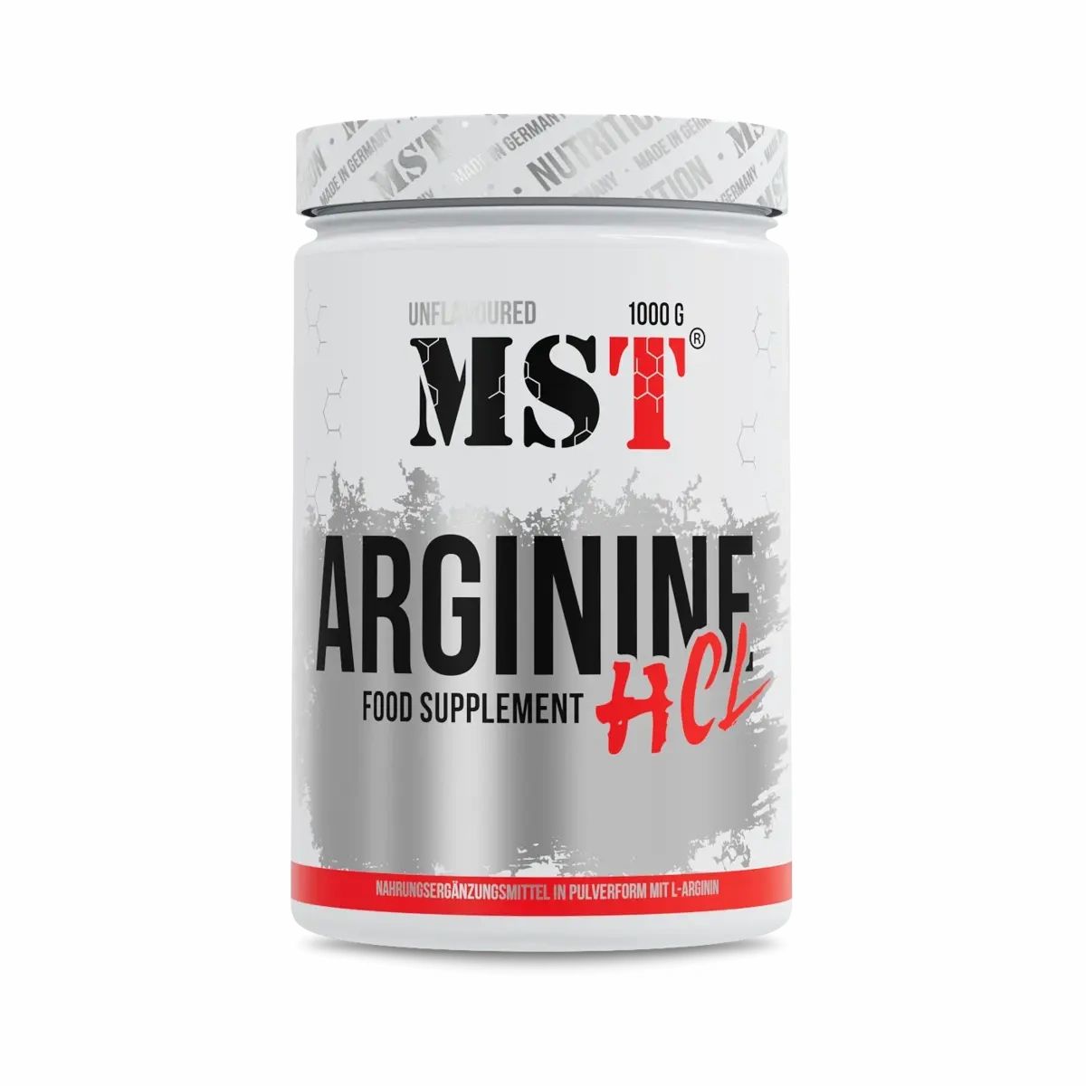 Weiße Dose mit rotem und schwarzem Etikett. Aufschrift: MST, Arginine HCL, 1000g. Nahrungsergänzungsmittel.