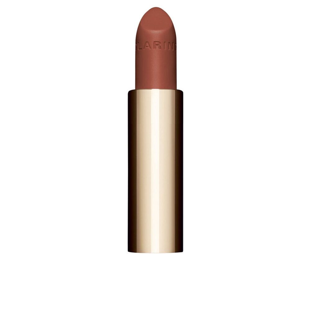 Lippenstift mit goldfarbener Hülse. Der Lippenstift ist in einem warmen, matten Roséton gehalten. Der Markenname ist auf dem Lippenstift sichtbar.