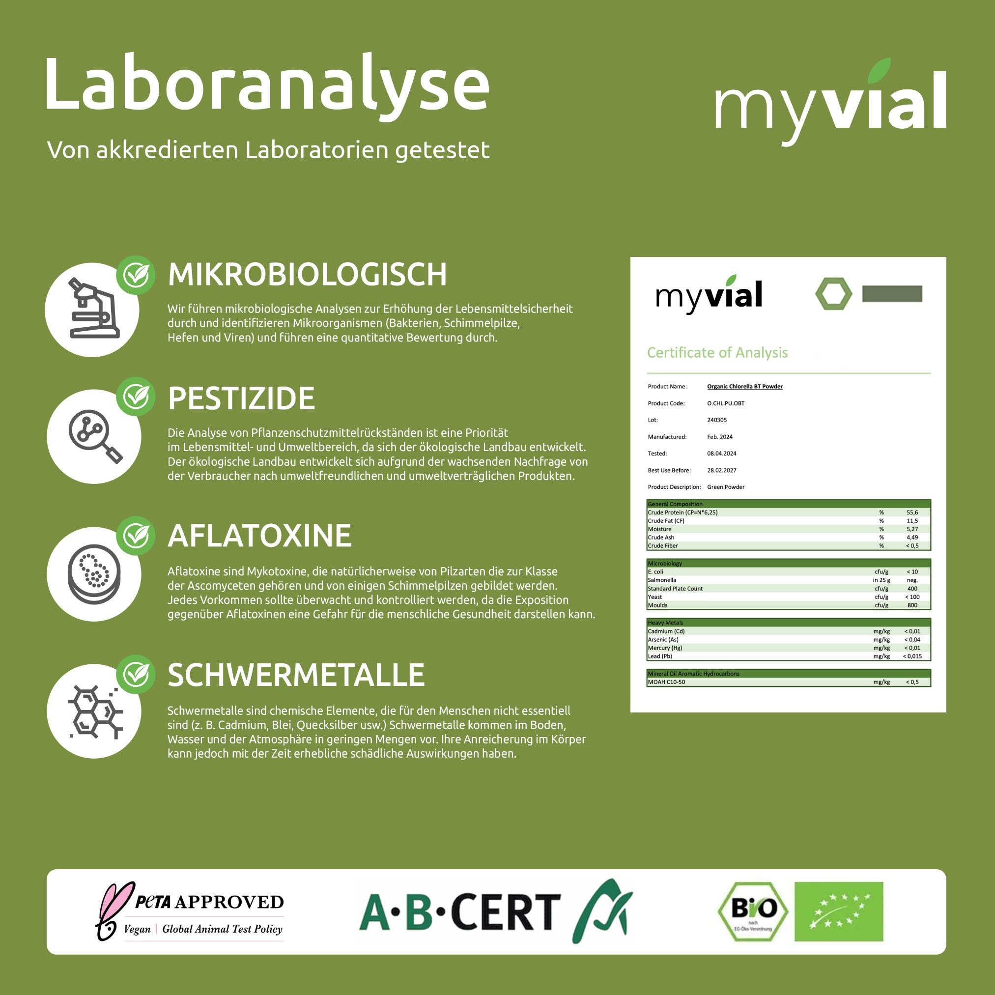 myvial® Bio Chlorella Pulver - 100 g mit Eisen & B12 - aufgebrochene Zellwand - vegan