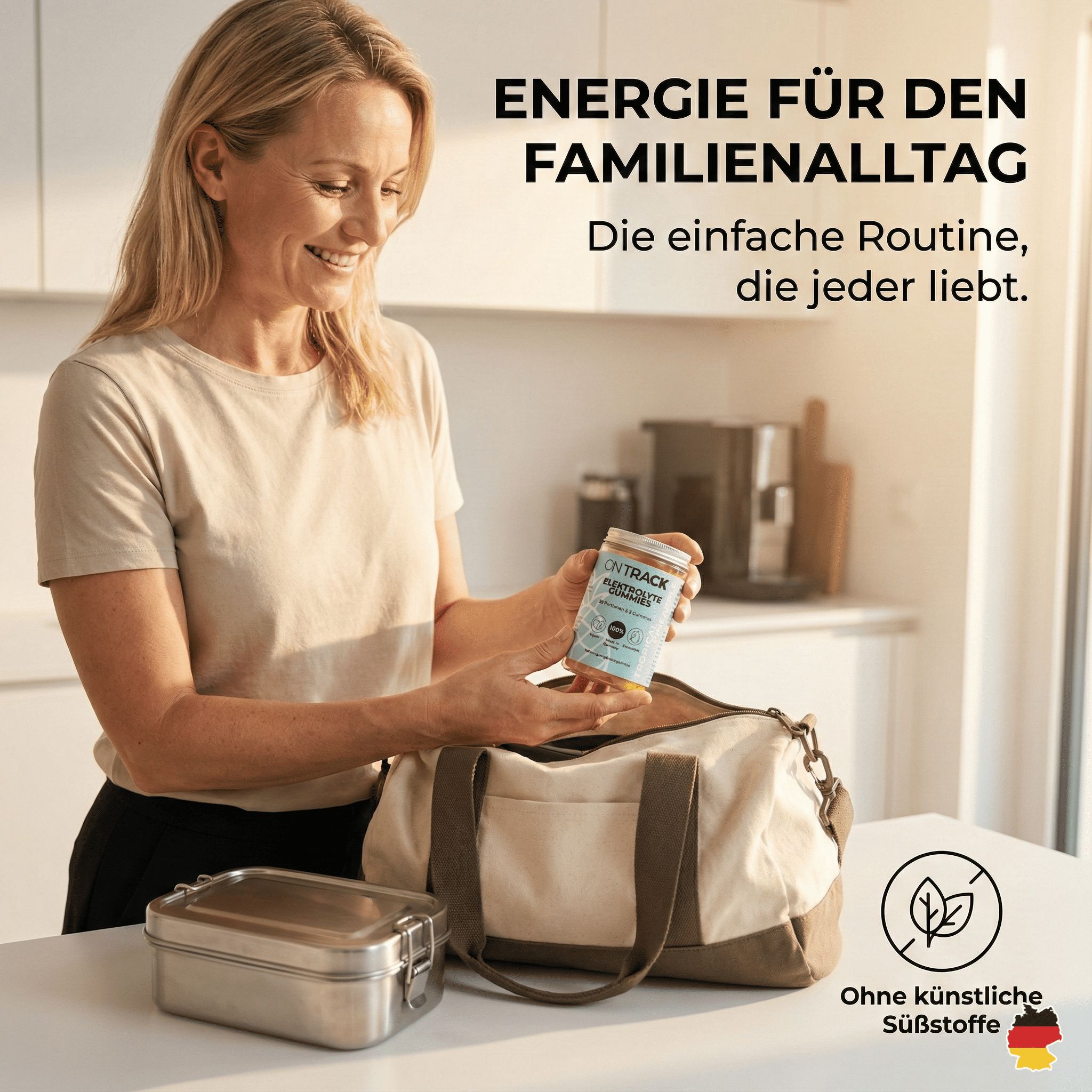 Frau hält eine Dose Elektrolyte Gummies. Auf dem Tisch: Brotdose, Sporttasche. Aufschrift: OnTrack, Elektrolyte Gummies. Ohne künstliche Süßstoffe.