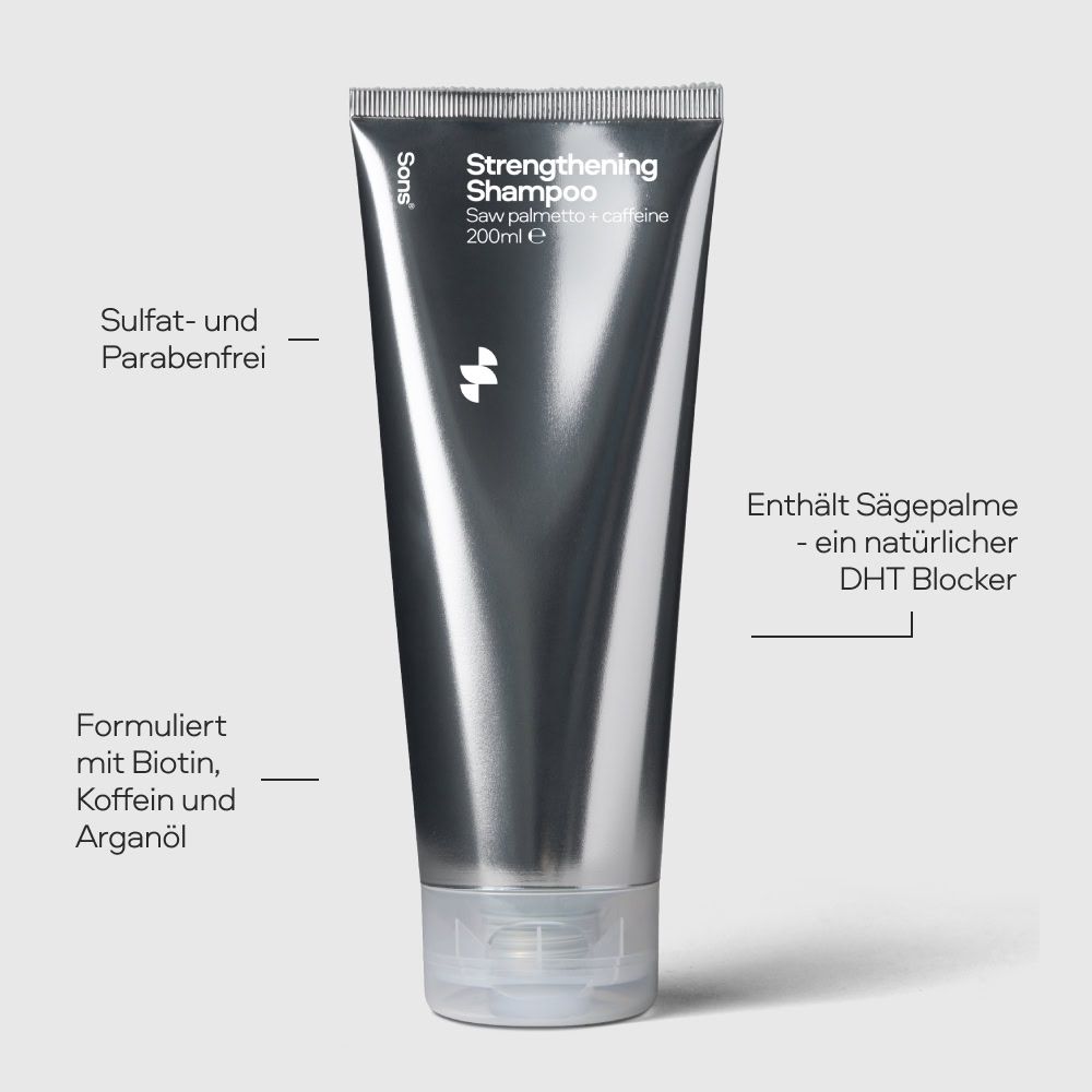 Silberfarbene Shampoo-Tube. Aufschrift: Strengthening Shampoo, Sägepalme + Koffein. Enthält Sägepalme, DHT Blocker. Ohne Sulfate und Parabene.