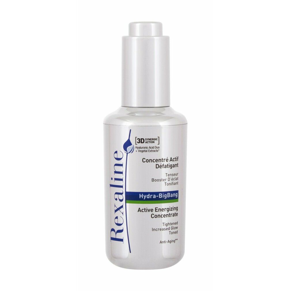 Silberne Flasche mit weißem Pipettenaufsatz. Aufschrift: Rexaline, Hydra-BigBang, Active Energizing Concentrate.