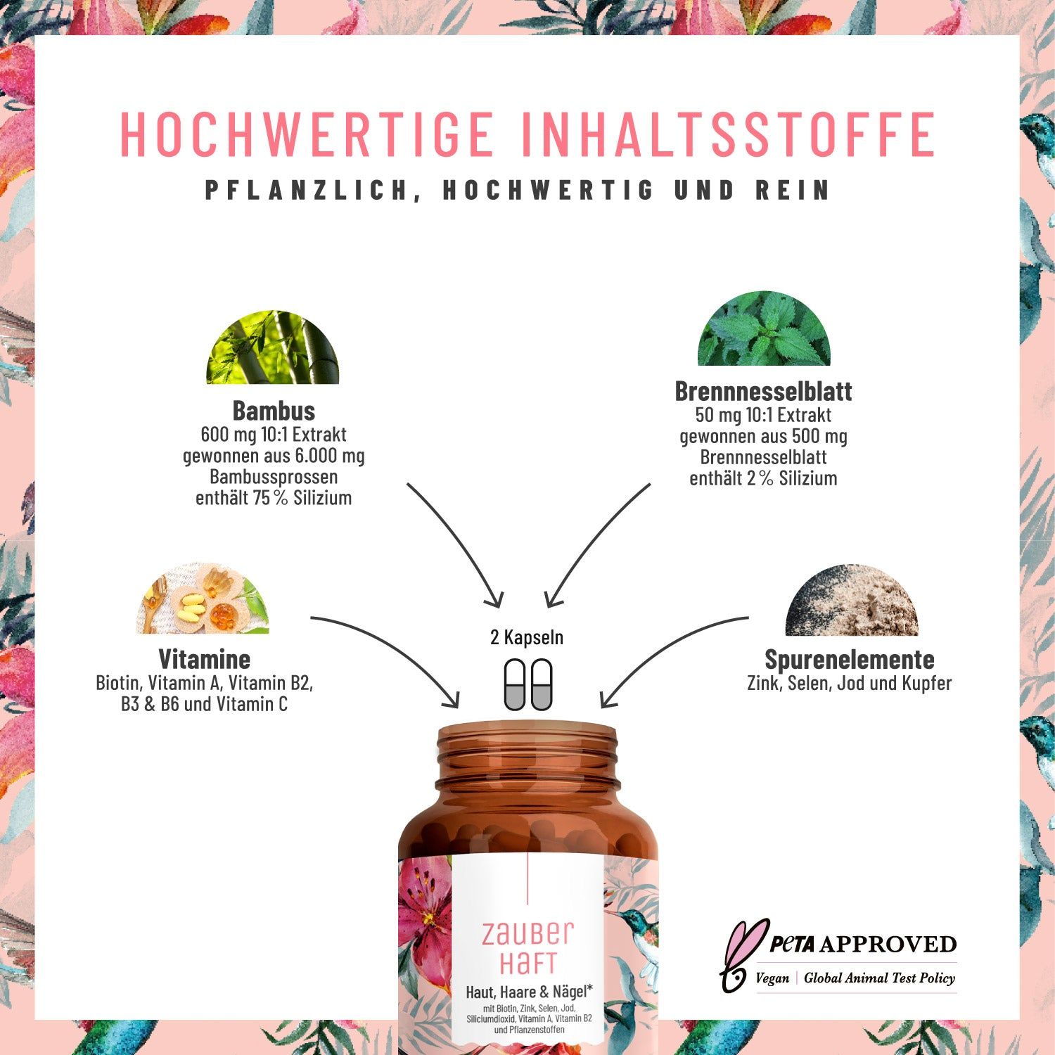 Produktverpackung und Flasche. Aufschrift: Zauberhaft Haut, Haare & Nägel. Mit Biotin, Zink, Selen, Jod, Siliziumdioxid, Vitamin A, B2 und Pflanzenstoffen.