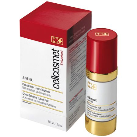 Zwei Produkte: eine rote und goldene Creme und eine rote und weiße Schachtel. Auf der Schachtel steht "Cellcosmet Switzerland" und "JUVENIL".
