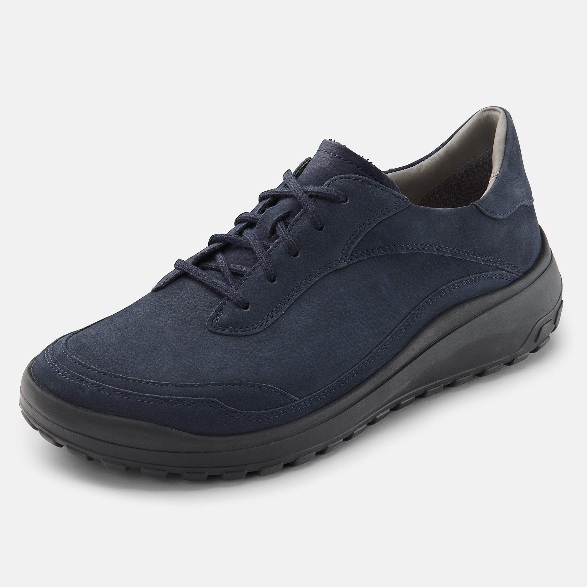 Blauer Schnürschuh mit breiter Sohle. Wildleder-Obermaterial, Schnürsenkel. Schwarze Sohle. Hellgraues Innenfutter.