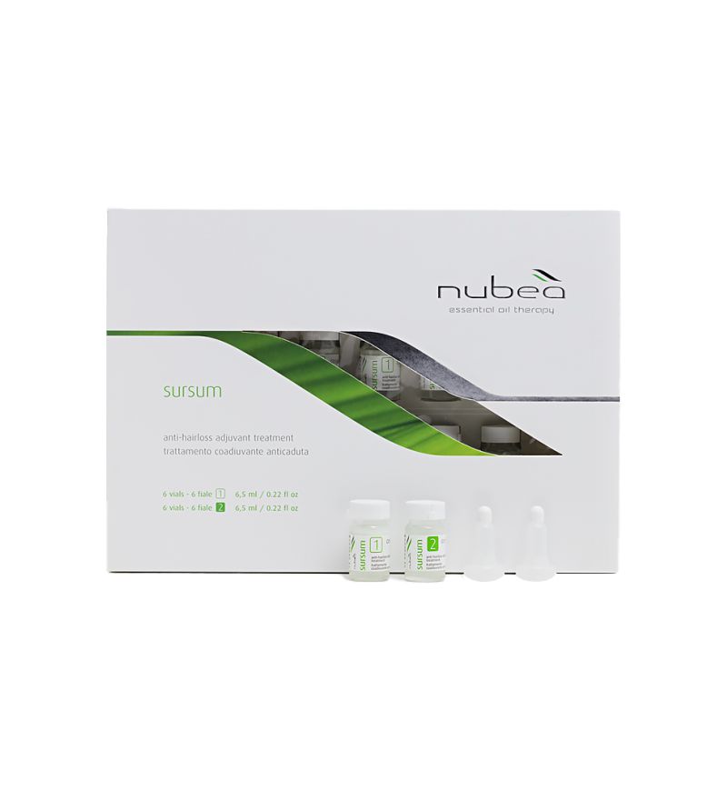 Nubea Anti-Haarausfall Set SURSUM. Weiße Box mit Ampullen und Applikatoren. Produktbeschriftung und Logo.