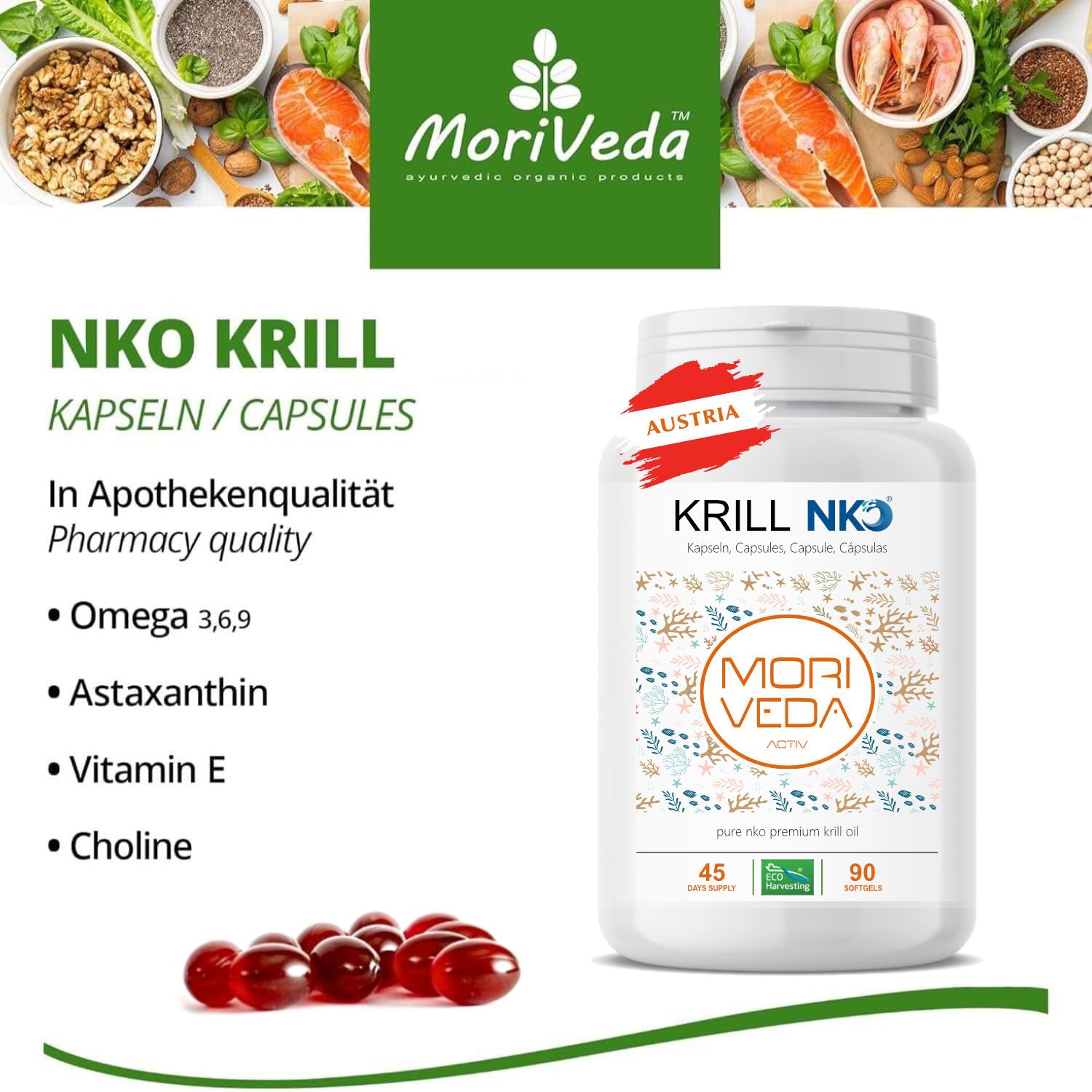 Produktflasche mit Krill NKO Kapseln. Aufschrift: Omega 3,6,9, Astaxanthin, Vitamin E, Cholin. Mit Österreich-Siegel.