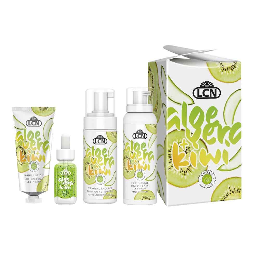 Pflegeset mit Handlotion, Serum, Reinigungsschaum, Fußschaum und Verpackung. Aufschrift: Aloe Vera & Kiwi.