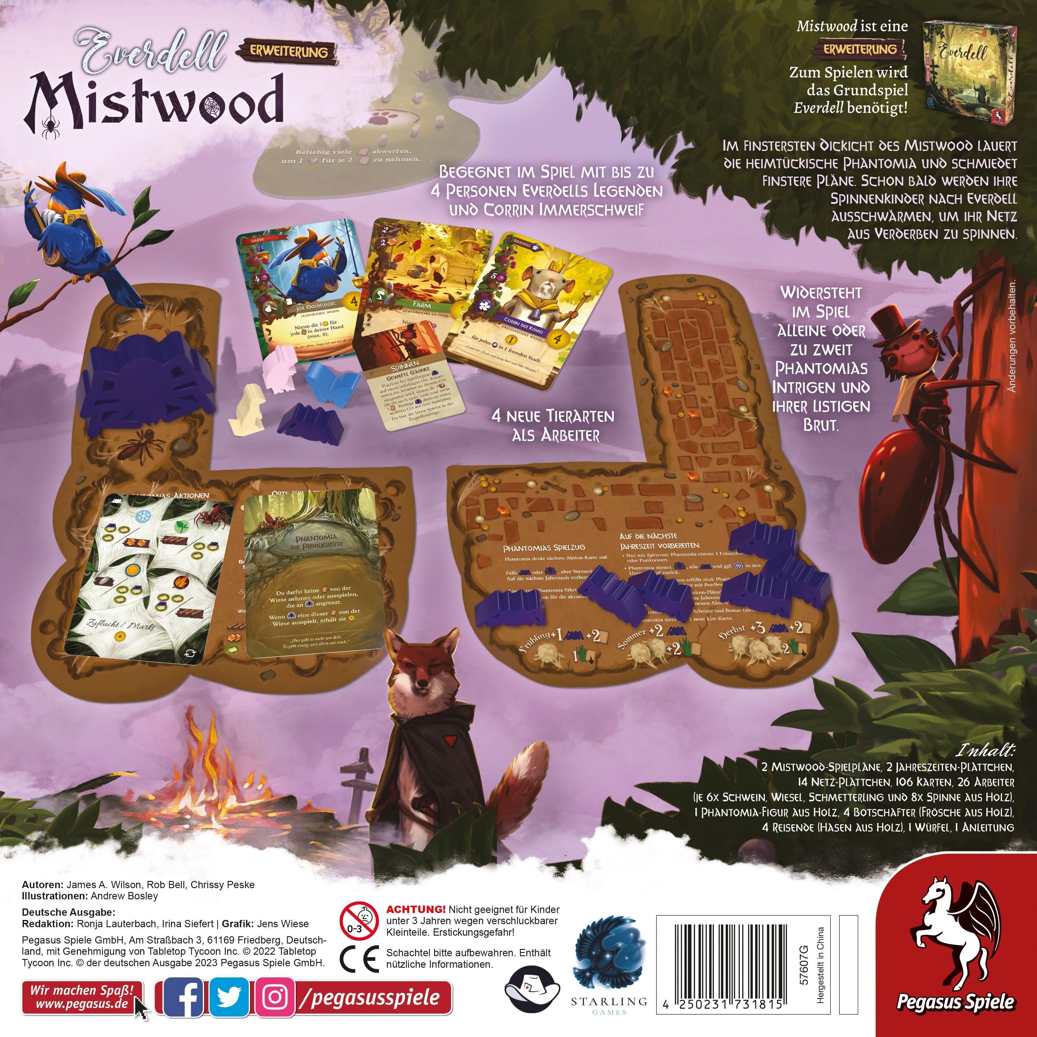 Rückseite der Everdell: Mistwood Spielbox. Spielbrett, Karten, Figuren. Pegasus Spiele Logo, Text in Deutsch.
