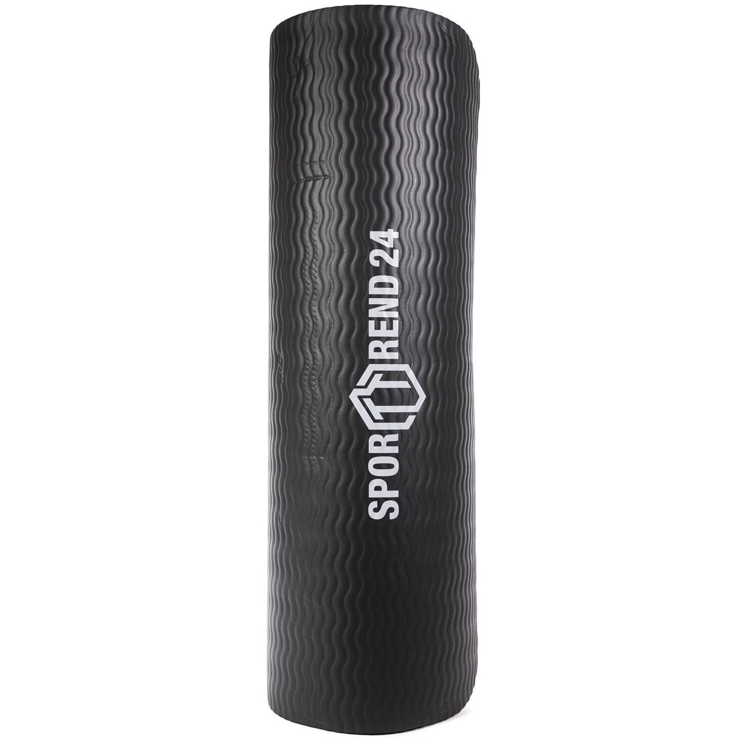 Gerollte schwarze Fitnessmatte mit Wellenmuster. Logo: Sporttrend 24. Oberflächenstruktur mit Wellen.