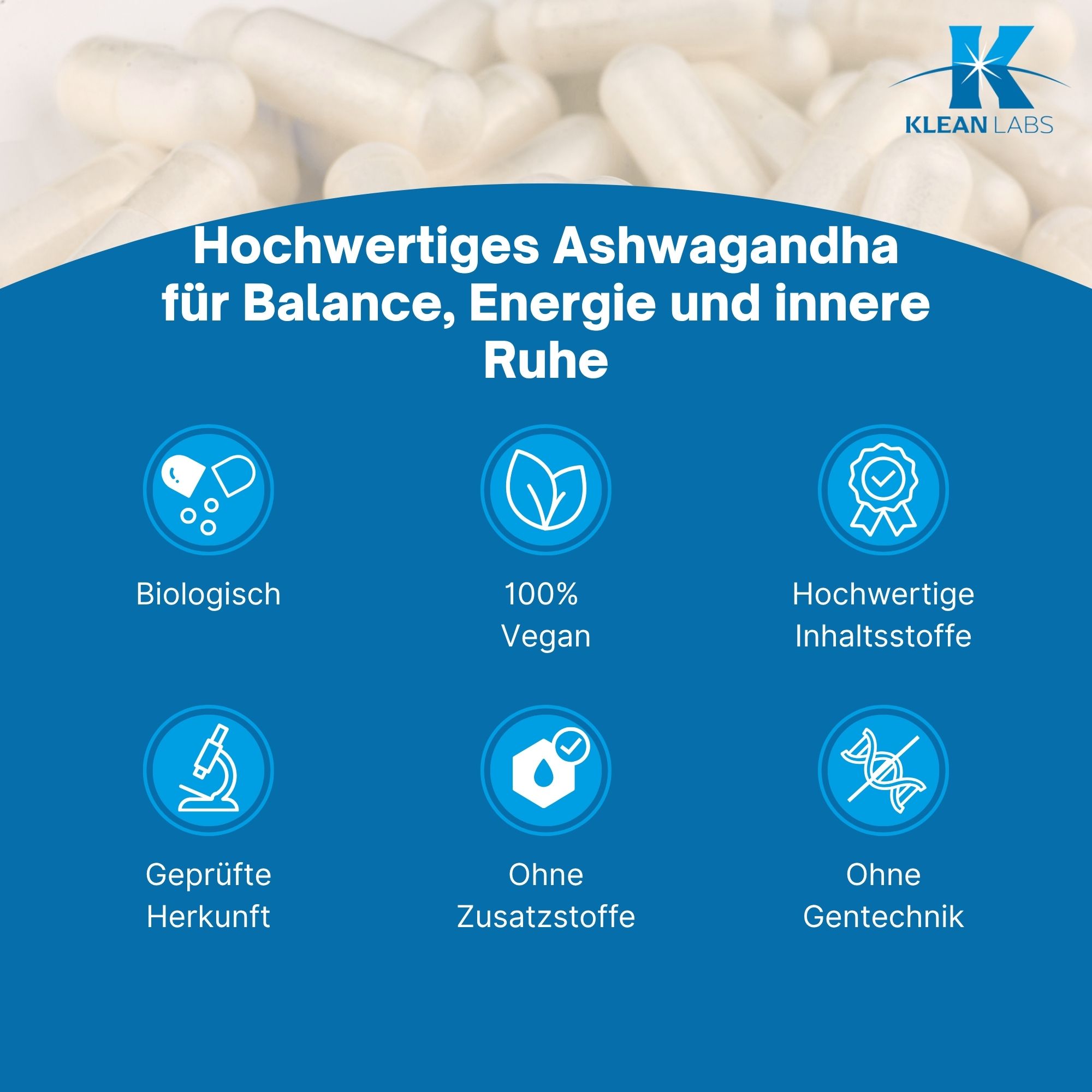 Kapseln auf blauem Hintergrund. Infografik mit Icons. Text: Biologisch, vegan, hochwertige Inhaltsstoffe, geprüfte Herkunft.