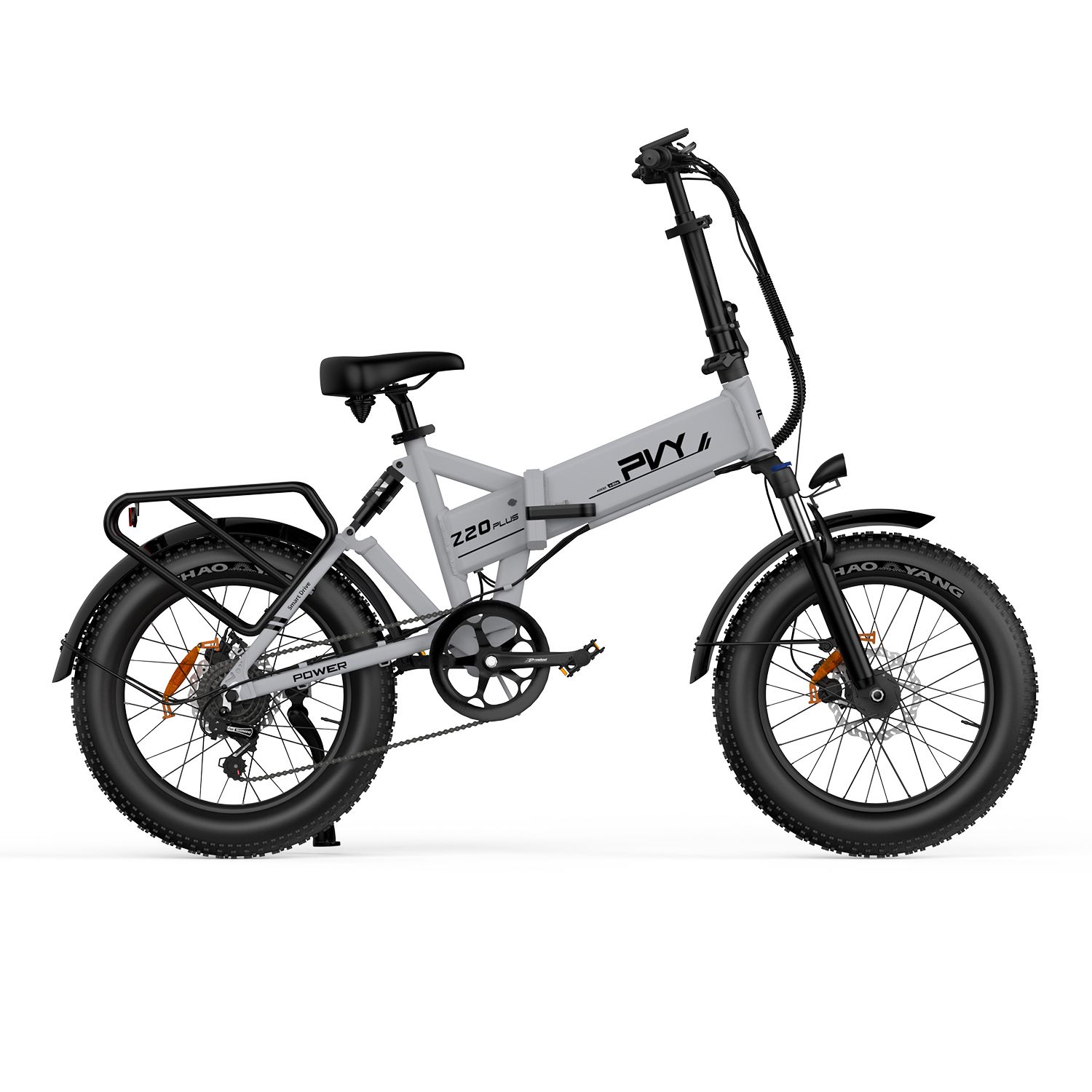 Graues E-Bike mit schwarzen Reifen und Gepäckträger. Aufschrift: PVY Z20 Plus.
