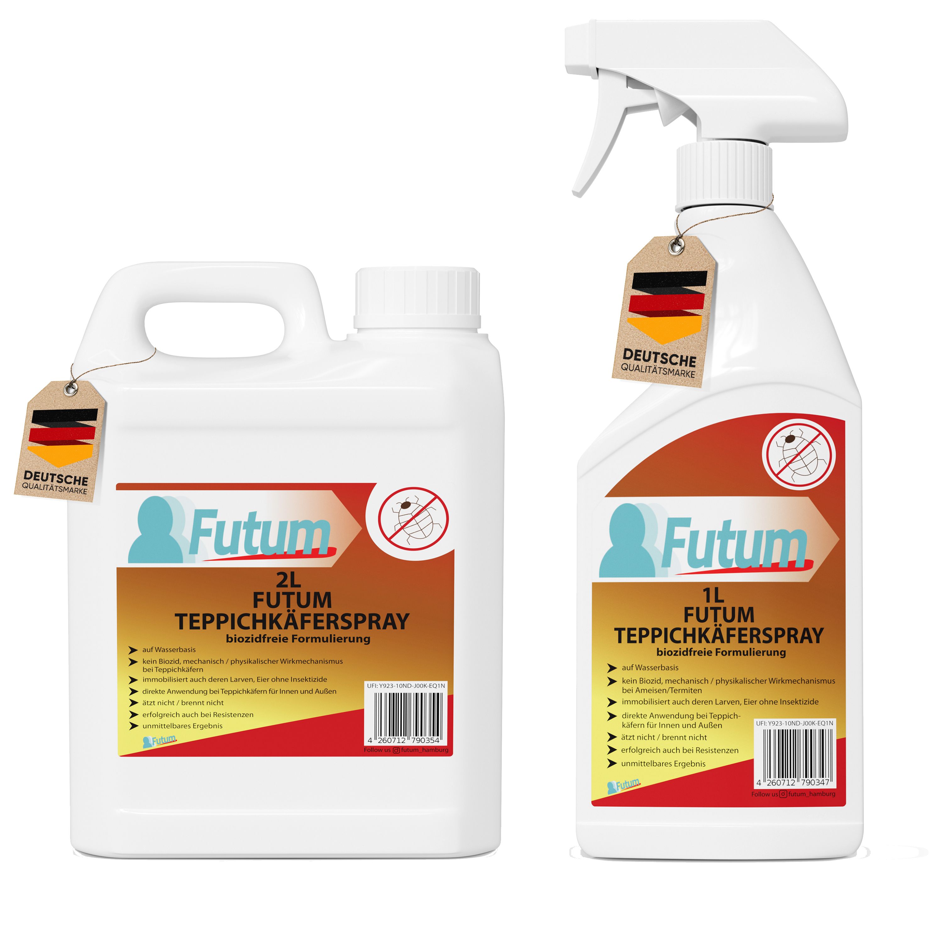 Zwei weiße Flaschen mit Etiketten. 2L und 1L. Deutsche Flagge-Anhänger. Text: 'FUTUM 2L Teppichkäferspray'.