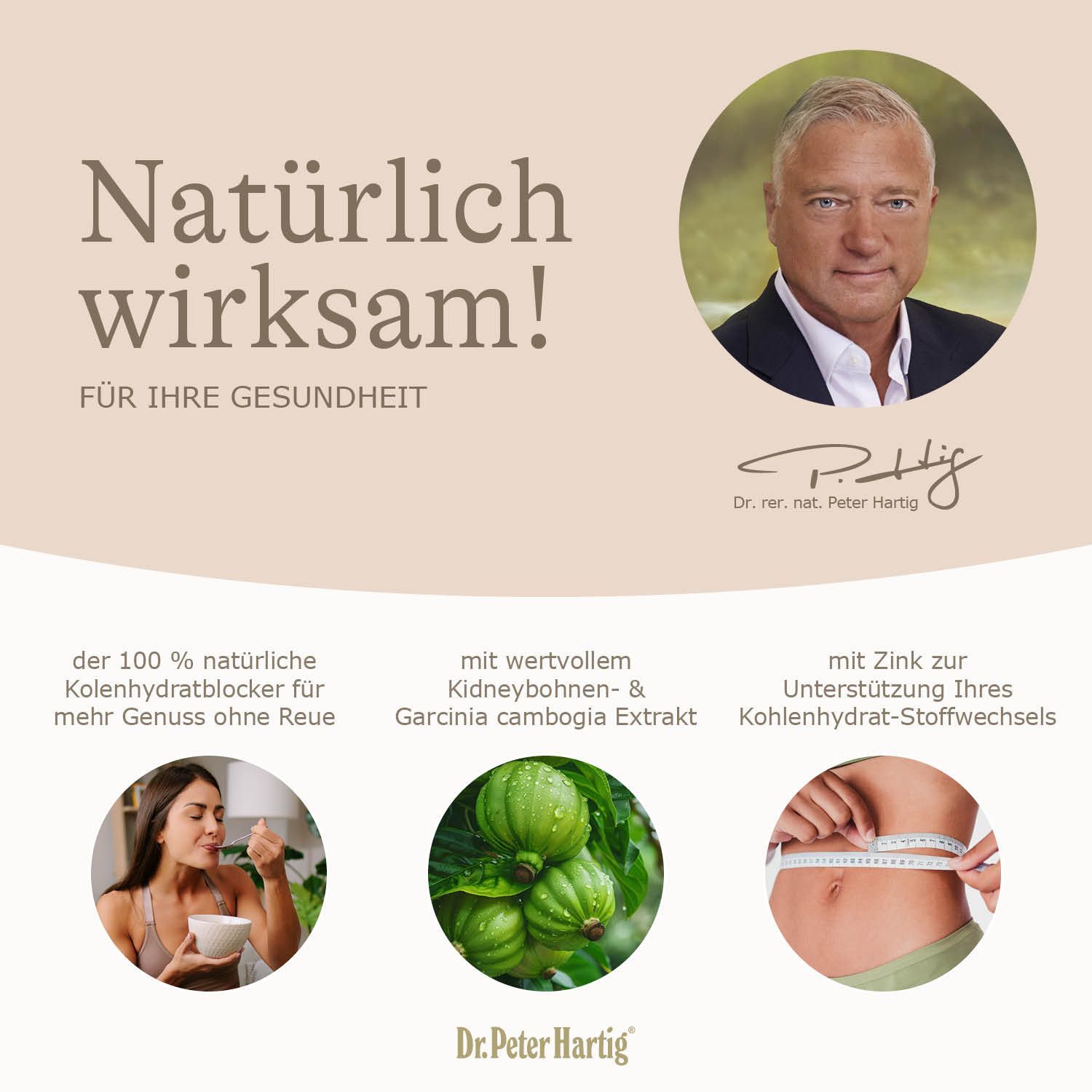 Werbefläche mit zwei Kapseln, Text und Nährwertangaben. Enthält Informationen zu Kidneybohnen, Garcinia Cambogia und Zink.