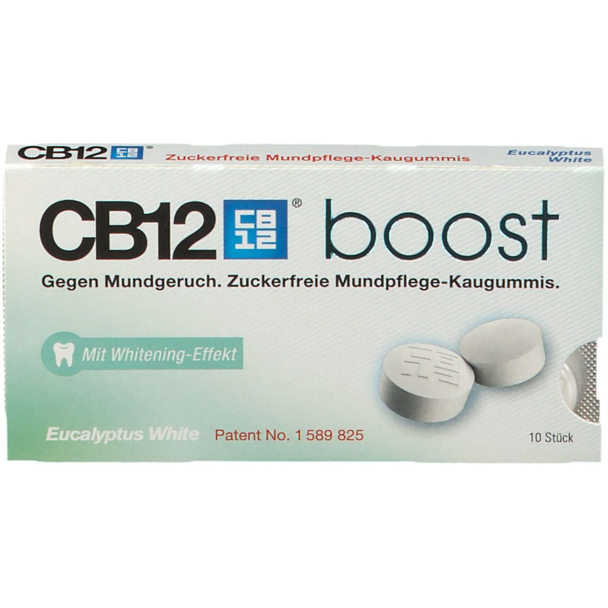 Schachtel mit CB12 boost Kaugummis. Zwei Kaugummis liegen daneben. Text: Gegen Mundgeruch. Mit Whitening-Effekt. 10 Stück.