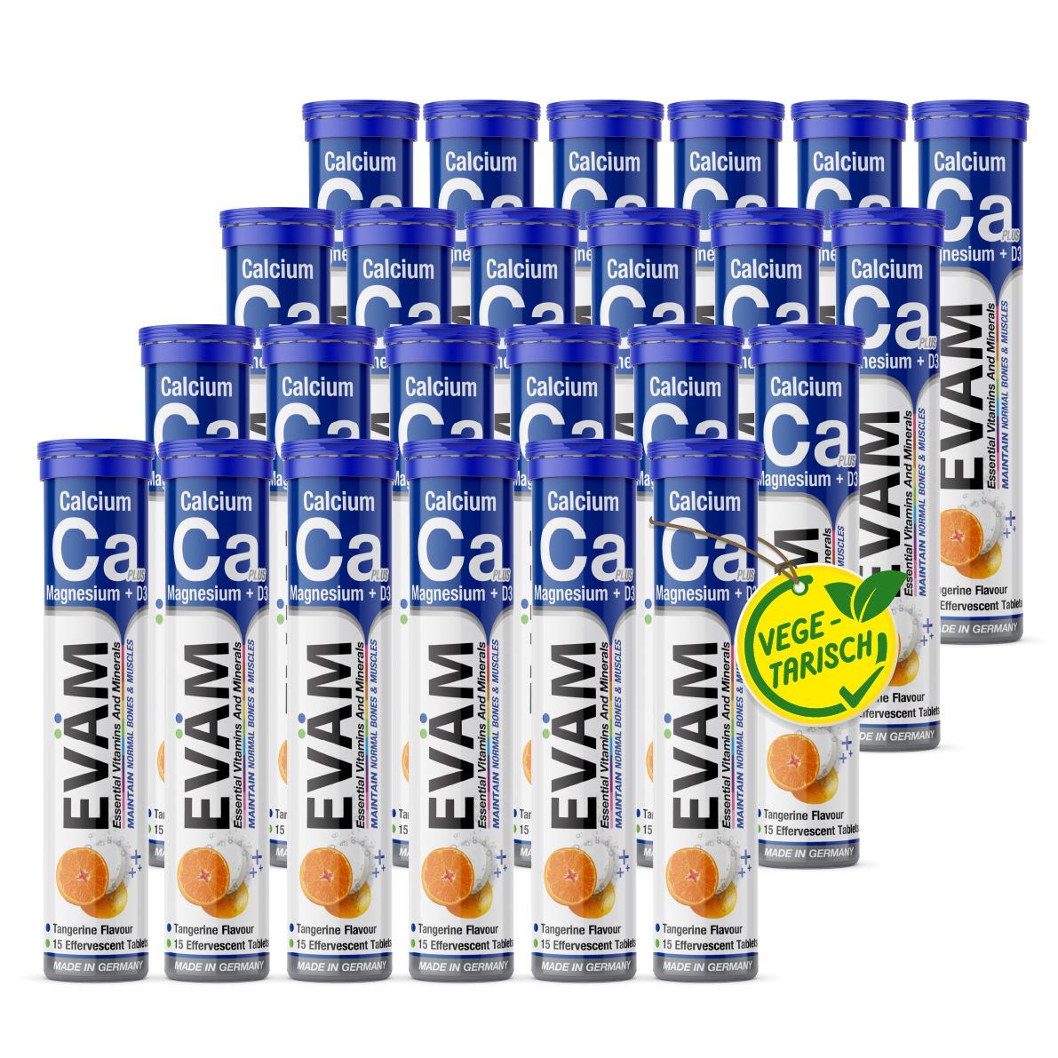 Mehrere Tuben EVÄM Calcium + Magnesium + D3 Brausetabletten. Aufschrift: Calcium, Magnesium, D3. Vegetarisch-Siegel.