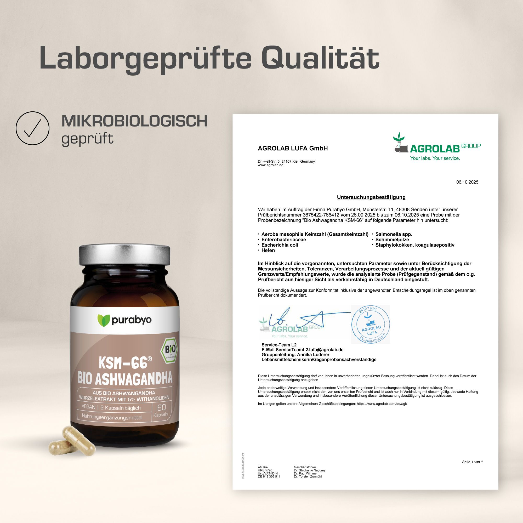 Glasflasche mit Kapseln und einem Zertifikat. Aufschrift: KSM-66 BIO Ashwagandha. Mikrobiologisch geprüft.