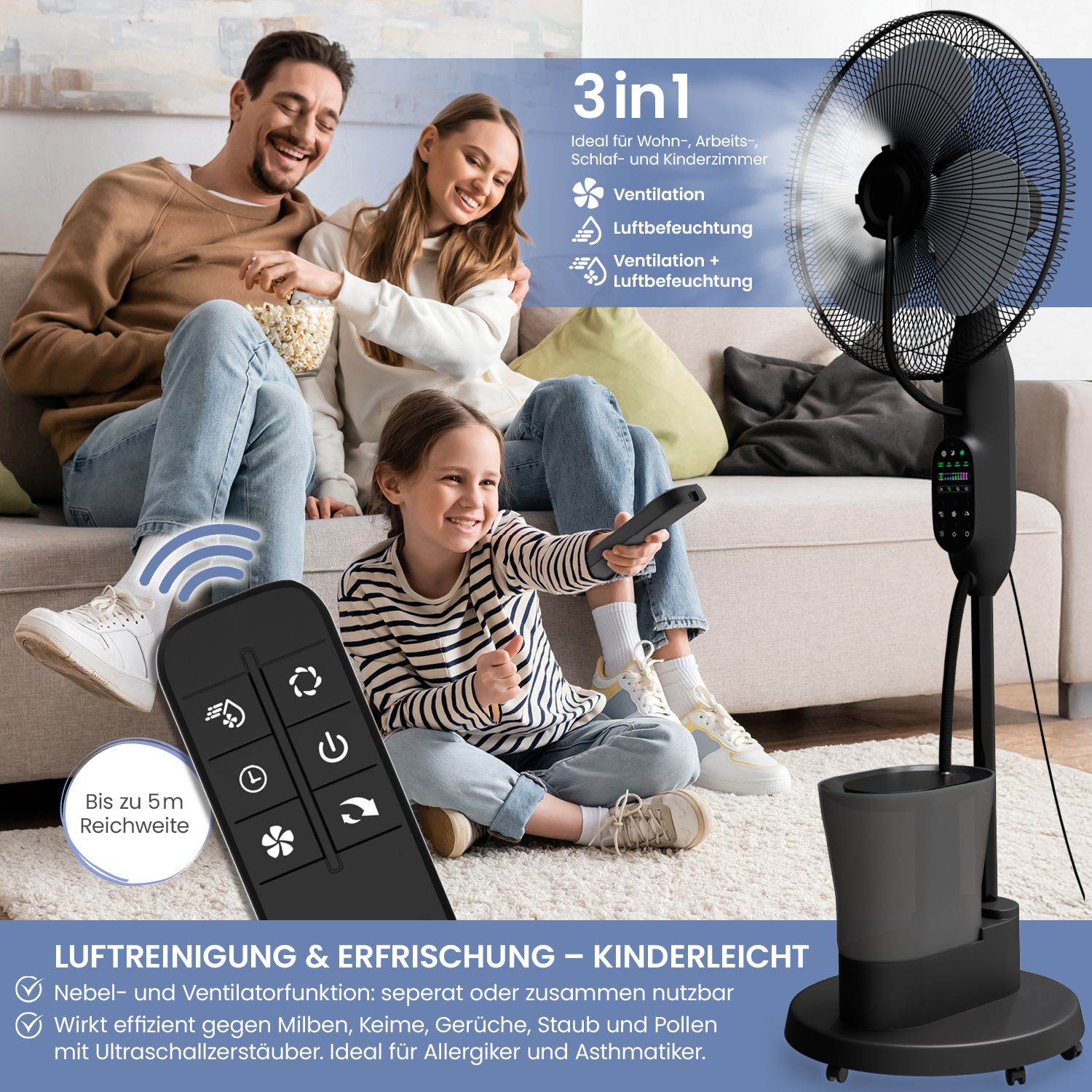 aktimeo Standventilator mit Luftbefeuchtung, Timer, Wassertank, Nebelfunktion