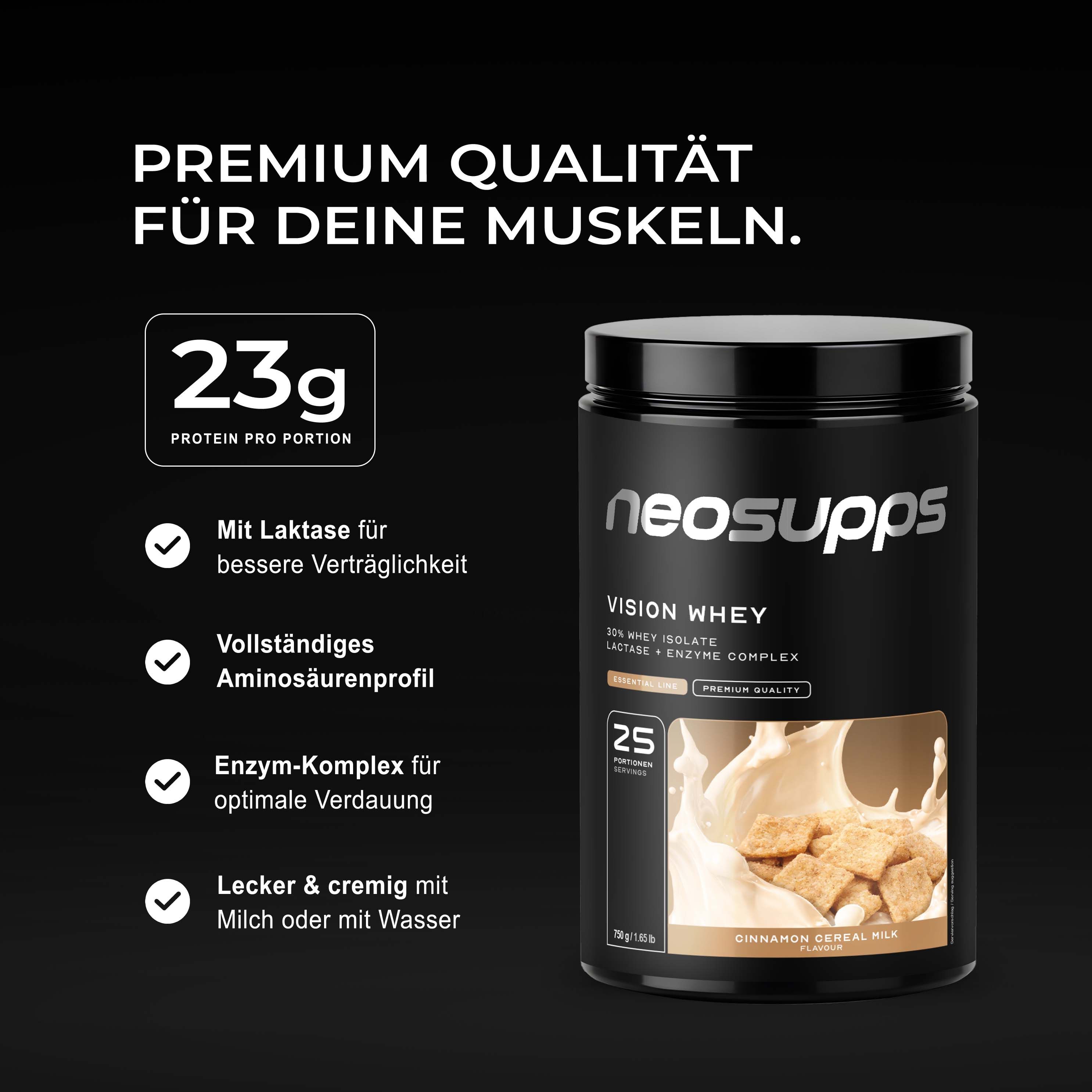 Neosupps Vision Whey Proteinpulver in Zimt-Cereal-Milch-Geschmack. 23g Protein pro Portion.