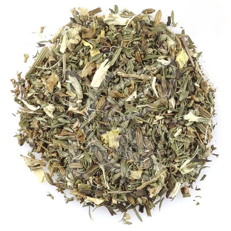 Haufen getrockneter Kräuter und Pflanzenteile, Ansicht von oben.