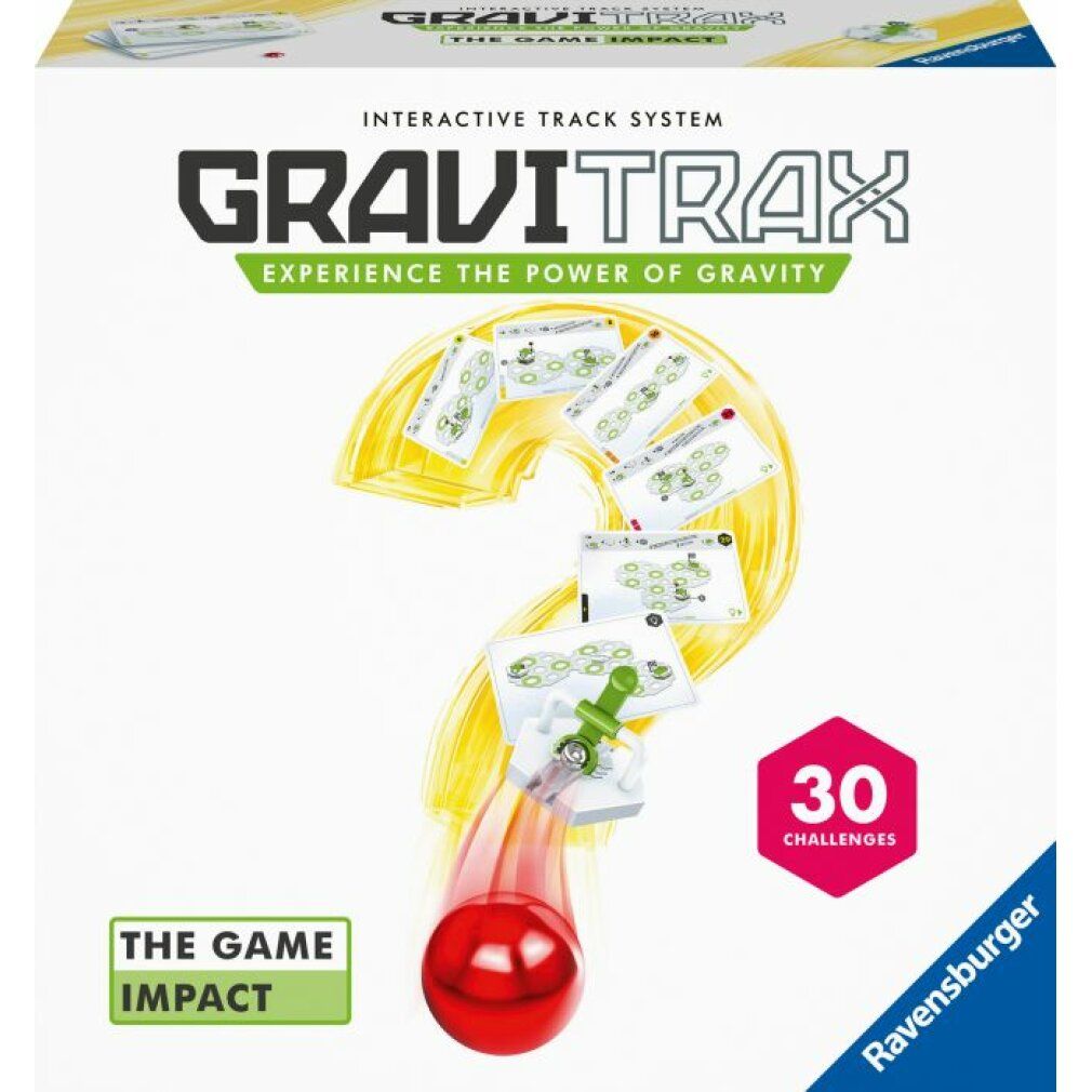 Verpackung mit GraviTrax-Logo, roter Kugel und Fragezeichen-Design. Enthält 30 Herausforderungen. Ravensburger-Logo.