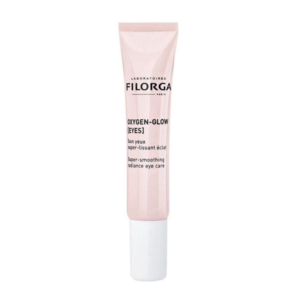 Rosa Tube mit weißem Verschluss. Beschriftung: Filorga, Oxygen-Glow [Eyes]. Super-glättende Augenpflege.