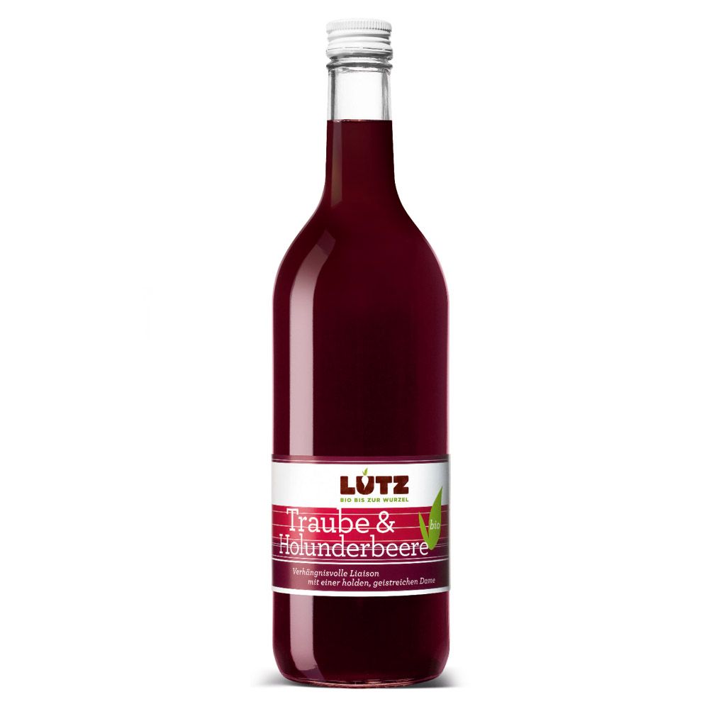 Glasflasche mit rotem Saft. Etikett mit "LÜTZ" und "Traube & Holunderbeere". Weißer Schraubverschluss.