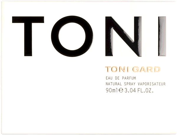 Weiße Verpackung mit schwarzem TONI-Schriftzug und TONI GARD-Logo. Angaben zu Eau de Parfum.