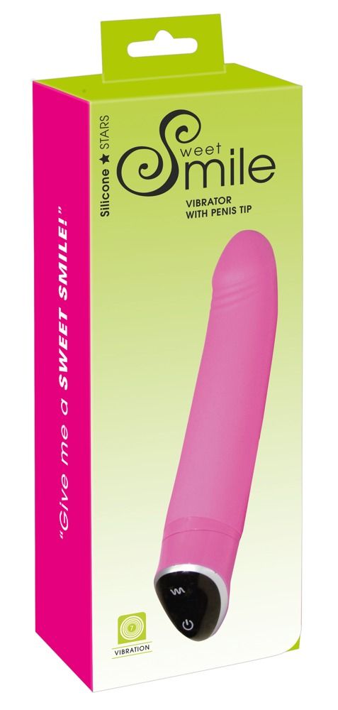 Pinkfarbener Vibrator in Verpackung. Aufschrift: Sweet Smile. Verpackung mit Aufhänger. Produktname und Logo sichtbar.