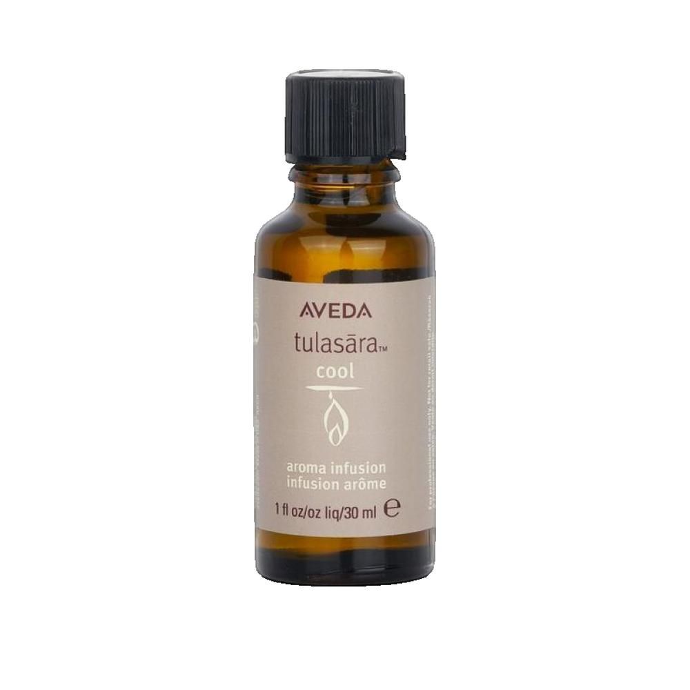 Braune Glasflasche mit schwarzem Deckel. Etikett mit "AVEDA tulasara cool" und "aroma infusion". 30 ml.