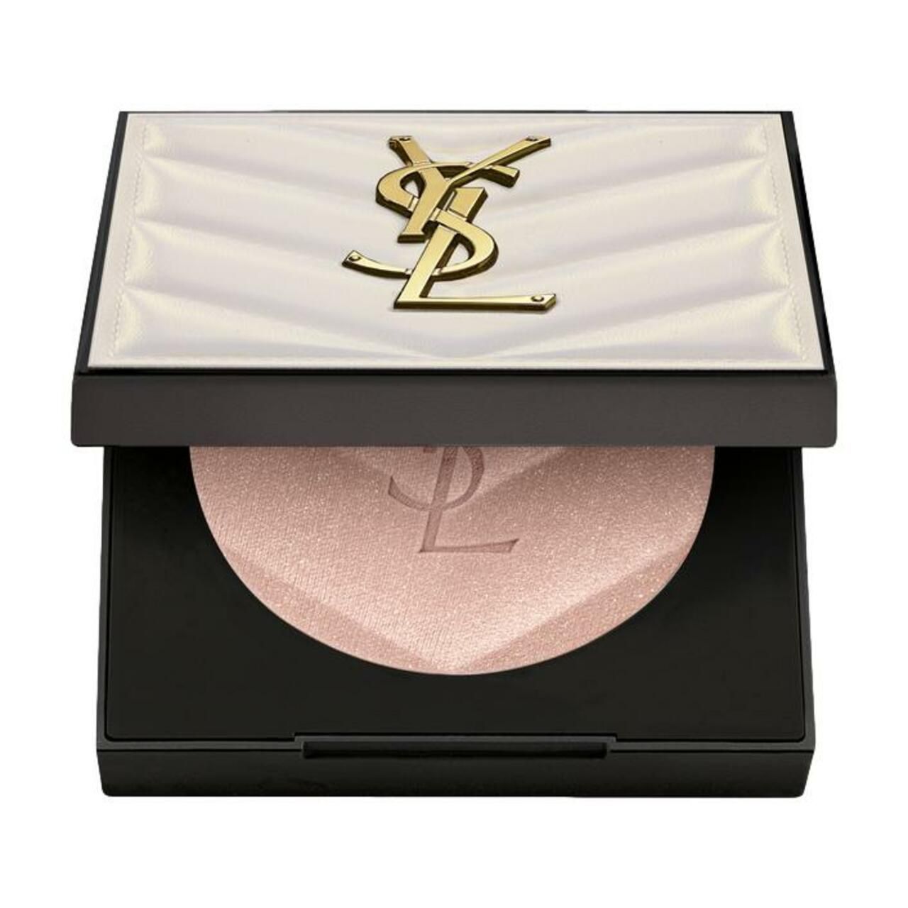 Highlighter-Palette mit goldfarbenem YSL-Logo auf weißem Deckel. Innen rosa Highlighter mit YSL-Logo. Schwarzer Rahmen.